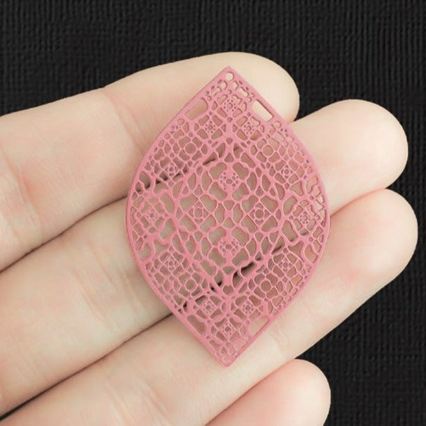 4 Filigree Leaf Pink Enamel Stainless Steel Charms 2 Sided - SSP399