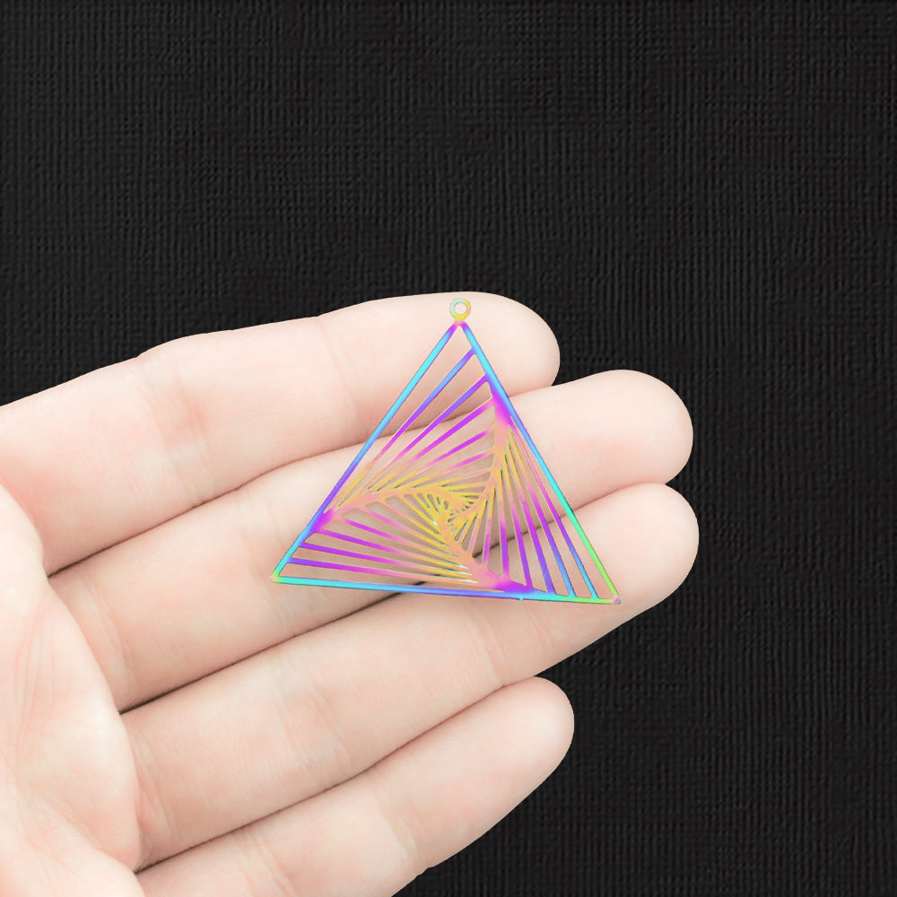 4 breloques en acier inoxydable plaqué arc-en-ciel triangle en filigrane 2 faces - SSP544