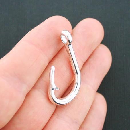4 Fish Hook Antique Silver Tone Charms 3D - SC4694