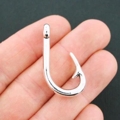 4 Fish Hook Antique Silver Tone Charms 3D - SC4694