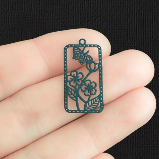 4 Floral Butterfly Blue Enamel Stainless Steel Charms 2 Sided - SSP343