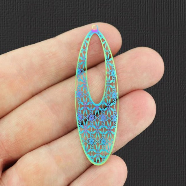 4 Floral Oval Rainbow Electroplated Stainless Steel Charms 2 Sided - SSP156