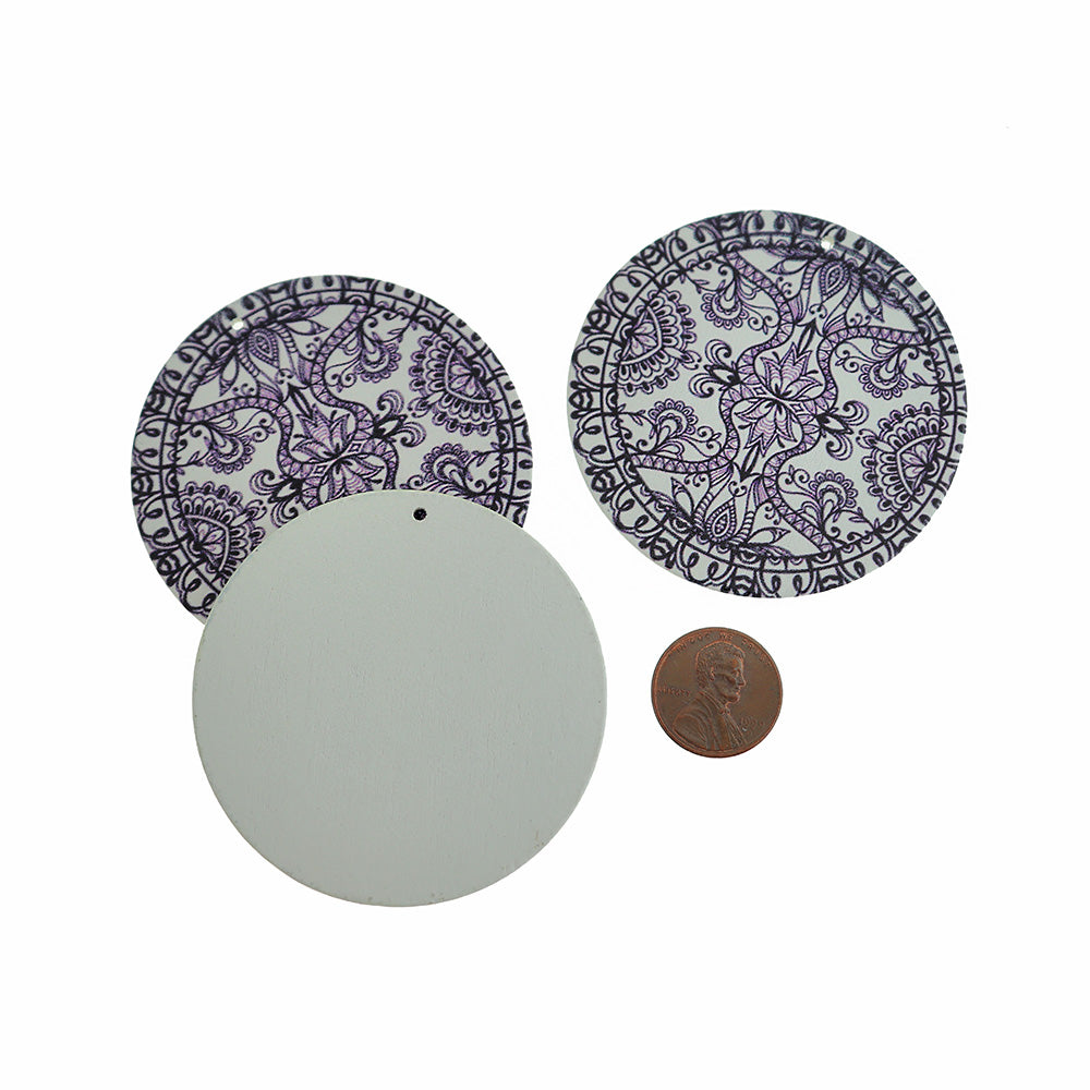 4 Floral Printed Natural Wood Charms 60mm - WP232