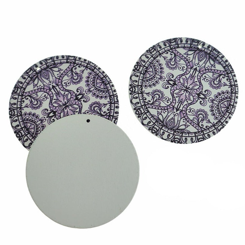 4 Floral Printed Natural Wood Charms 60mm - WP232