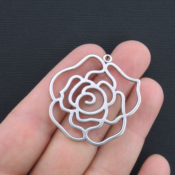 4 Flower Antique Silver Tone Charms 2 Sided - SC3007