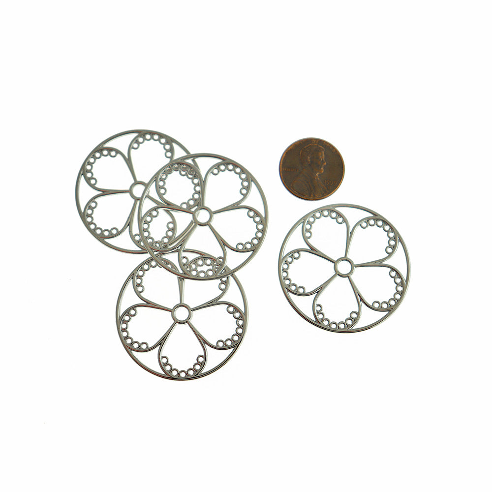 4 Flower Silver Tone Charms 2 Sided - Z820