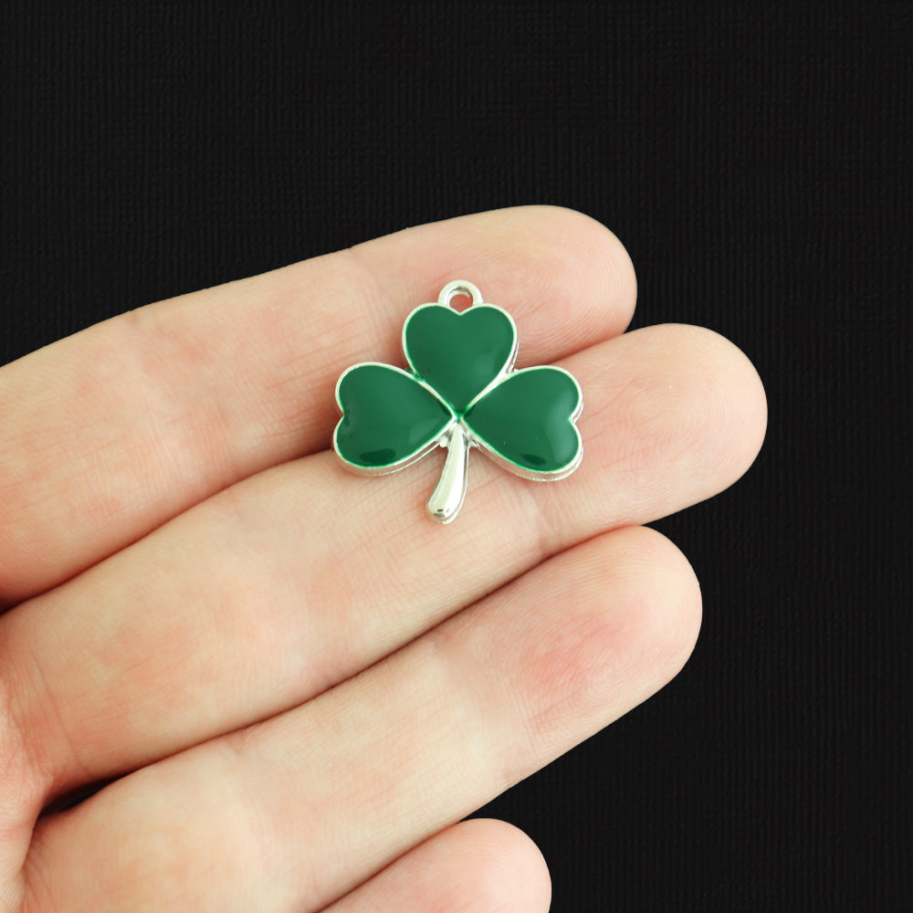4 Four Leaf Clover Silver Tone Enamel Charms - E1106