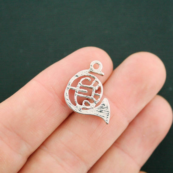 4 French Horn Silver Tone Charms - SC7438