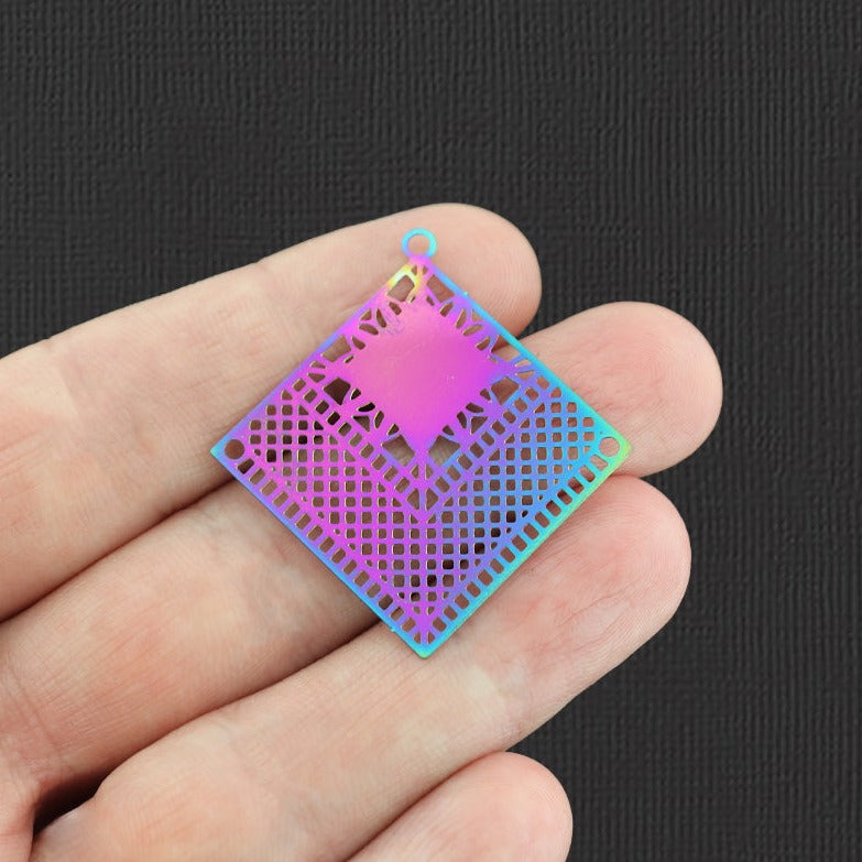 4 Geometric Rhombus Rainbow Electroplated Stainless Steel Charms - SSP159