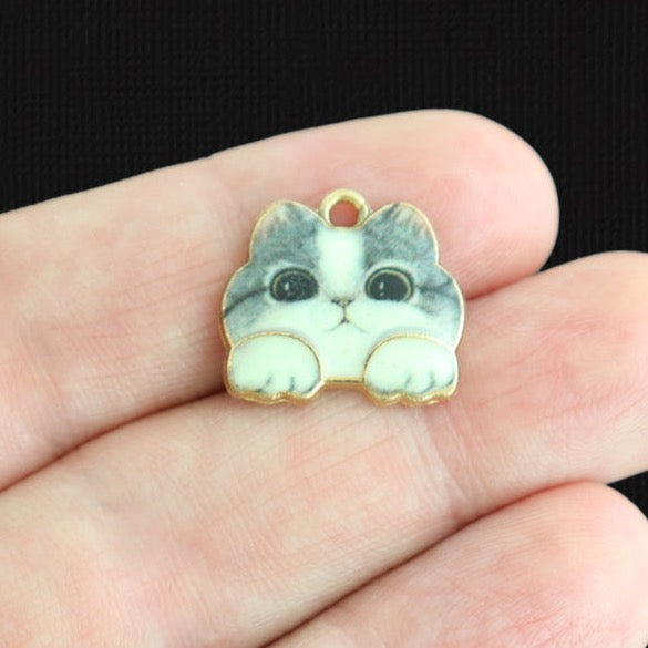 4 Grey Tabby Cat Gold Tone Enamel Charms - E1592