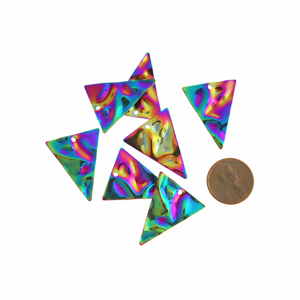 4 Hammered Triangle Rainbow Electroplated Stainless Steel Charms 2 Sided - SSP557