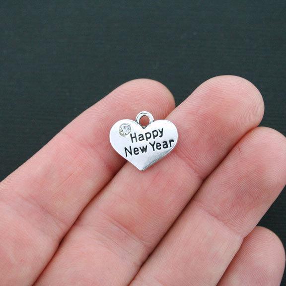 4 Happy New Year Antique Silver Tone 2 Sided With Inset Rhinestones - SC4383