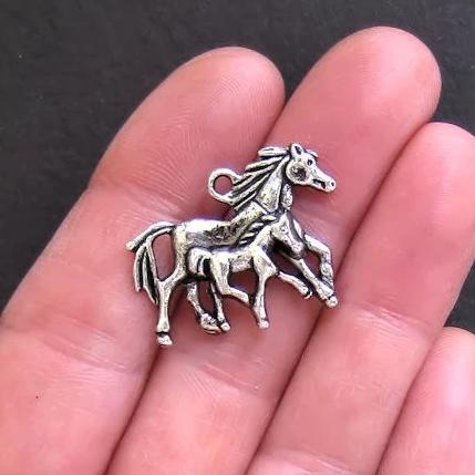 4 breloques cheval mère et bébé en argent antique - SC252