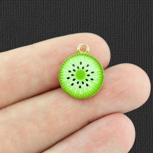 4 Kiwi Fruit Gold Tone Enamel Charms - E977