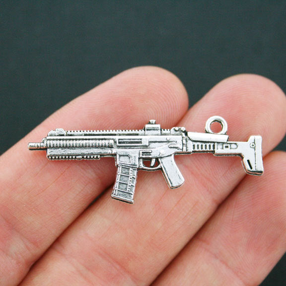 4 Machine Gun Antique Silver Tone Charms 2 Sided - SC5091