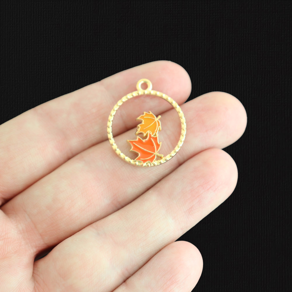 4 Maple Leaf Loop Gold Tone Enamel Charms - E1586