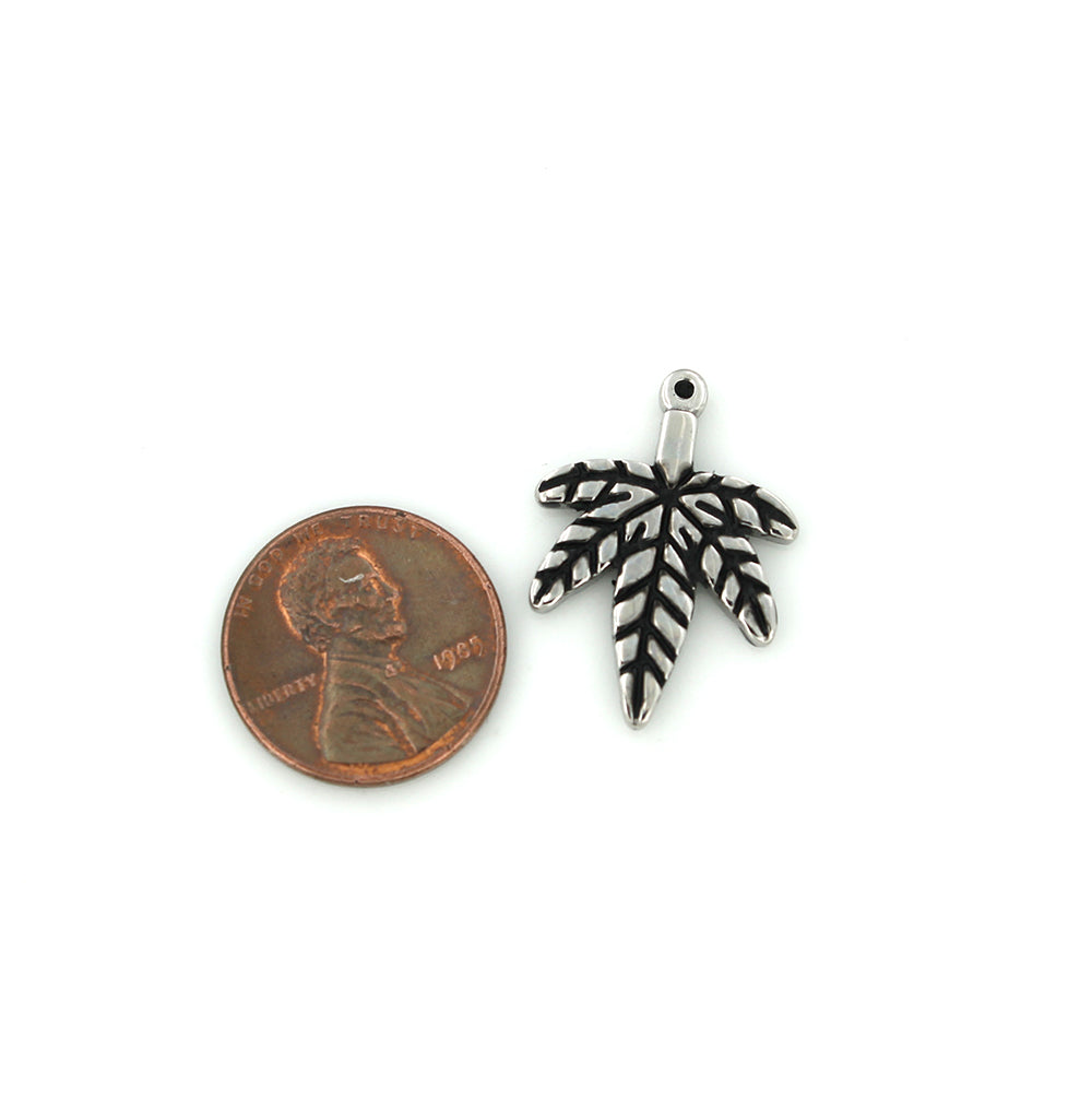 4 Marijuana Leaf Silver Tone Stainless Steel Charms 2 Sided - FD593
