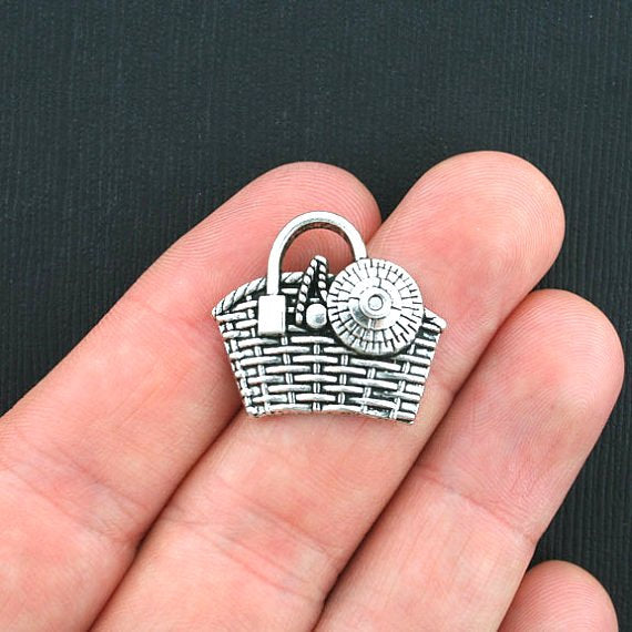 4 Picnic Basket Antique Silver Tone Charms - SC3460