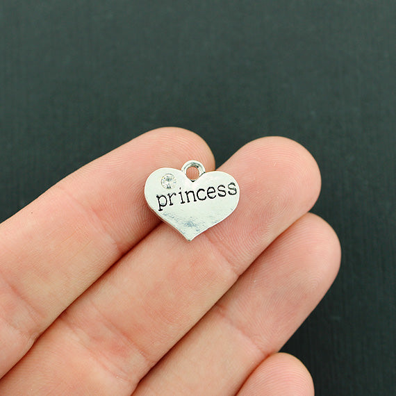4 Princess Antique Silver Tone Charms 2 Sided with Inset Rhinestones - SC7651
