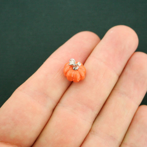 4 Pumpkin Silver Tone Enamel Charms 3D - E397