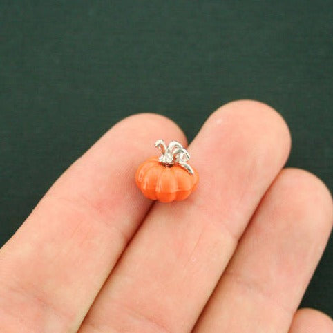 4 Pumpkin Silver Tone Enamel Charms 3D - E397