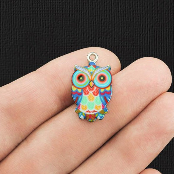 4 Rainbow Blue Owl Silver Tone Enamel Charms - E1166