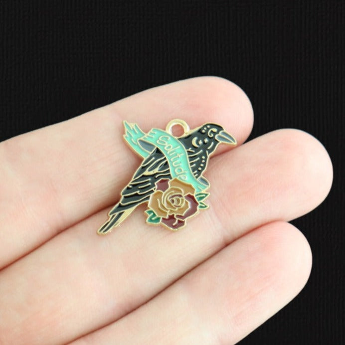 4 Raven Bird Gold Tone Enamel Charms - E1575