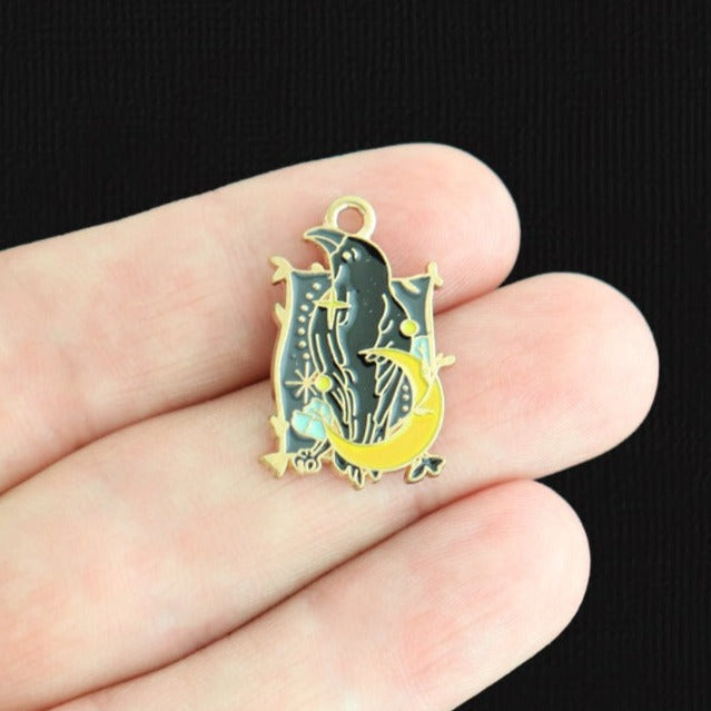 4 Raven Bird Gold Tone Enamel Charms - E1577