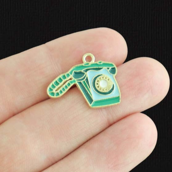 4 Retro Telephone Gold Tone Enamel Charms - E1511