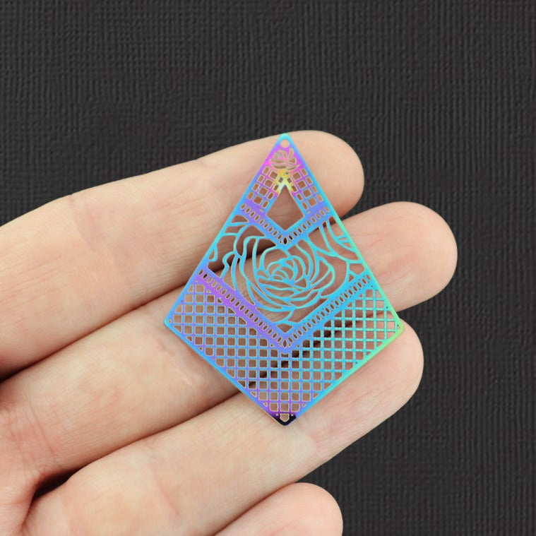 4 breloques en acier inoxydable plaqué arc-en-ciel en dentelle rose - SSP199