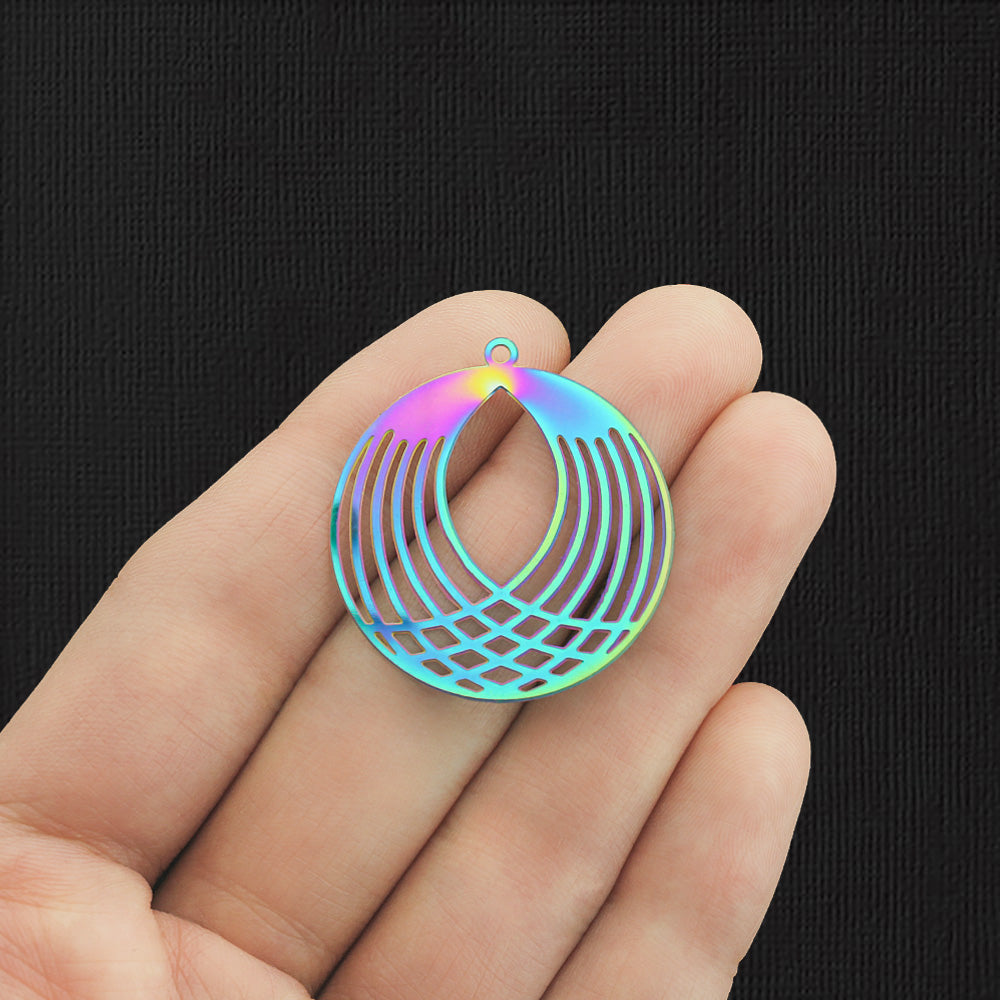 4 Round Rainbow Electroplated Stainless Steel Charms 2 Sided - SSP274