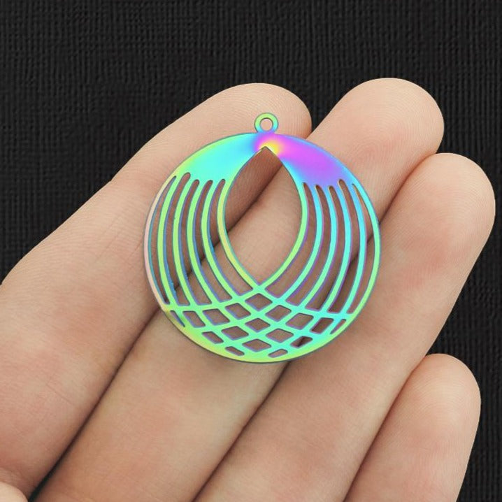 4 Round Rainbow Electroplated Stainless Steel Charms 2 Sided - SSP274