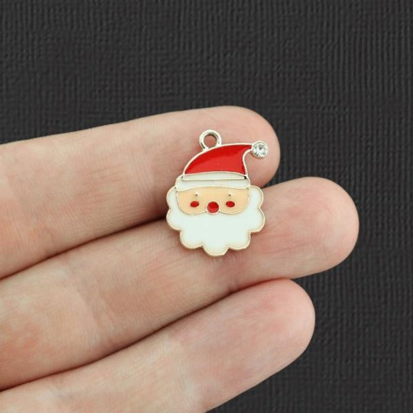 4 Santa Claus Gold Tone Enamel Charms With Inset Rhinestone - E1054