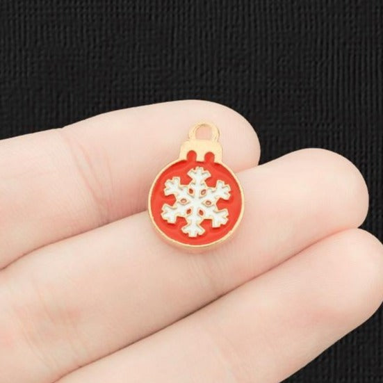 4 Snowflake Christmas Bulb Gold Tone Enamel Charms - E1385