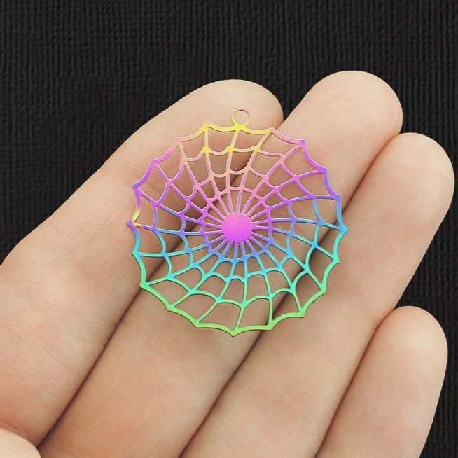 4 Spider Web Rainbow Electroplated Stainless Steel Charms 2 Sided - SSP277