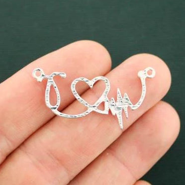 4 Stethoscope Heartbeat Connector Antique Silver Tone Charms - SC423