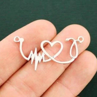 4 Stethoscope Heartbeat Connector Antique Silver Tone Charms - SC423