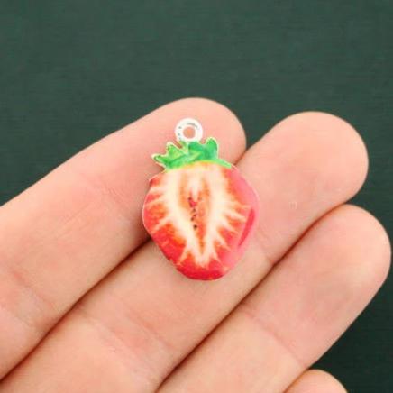 4 Strawberry Silver Tone Enamel Charms - E357