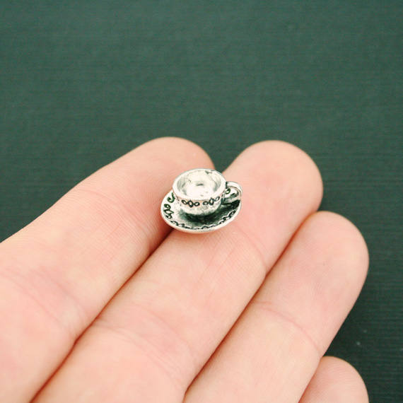 4 Tea Cup and Saucer Antique Silver Tone Charms 3D  - SC6219