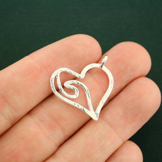 4 Wave Heart Silver Tone Charms - SC7334