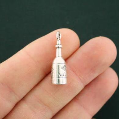4 Wine Bottle Antique Silver Tone Charms 3D - SC4131