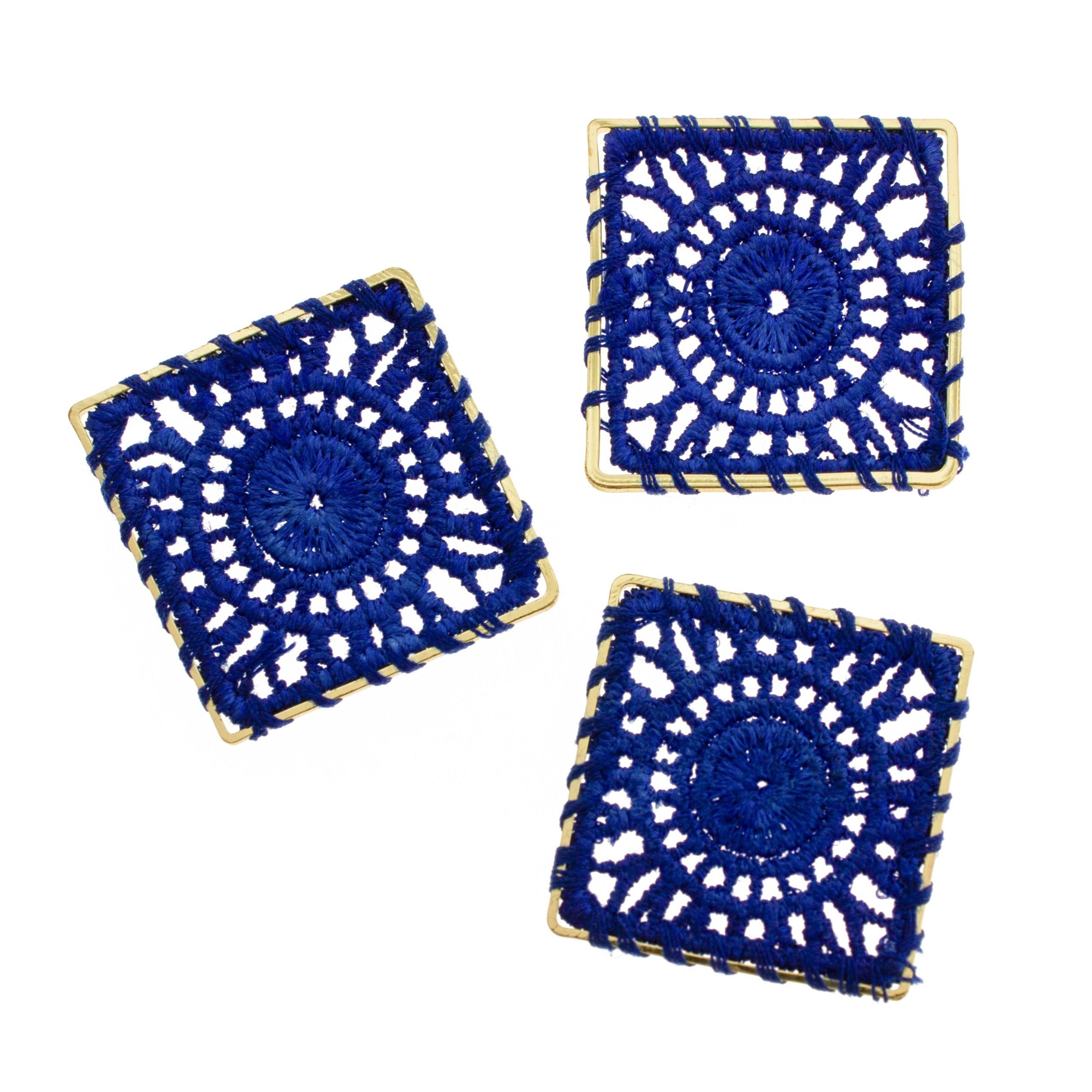 4 Woven Lace Square Gold Tone Pendants - Choose Your Color!