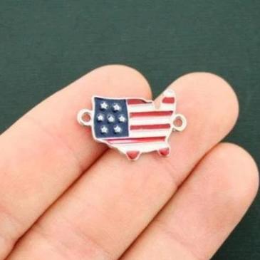 4 American Flag Silver Tone Enamel Connector Charms - E283