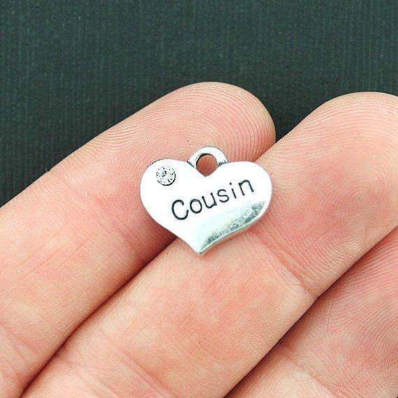 4 Cousin Heart Antique Silver Tone Charms 2 Sided With Inset Rhinestones - SC3660