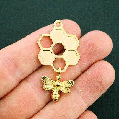 4 Honeycomb Gold Tone Charms 2 Sided - GC947