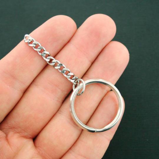 Stainless Steel Key Rings with Attached Chain - 28mm - 4 Pieces - Z438