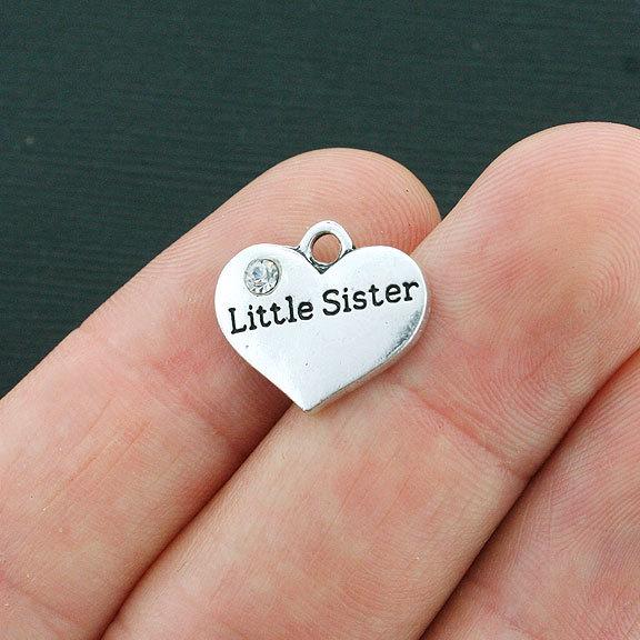 4 Little Sister Heart Antique Silver Tone Charms 2 Sided With Inset Rhinestones - SC3928