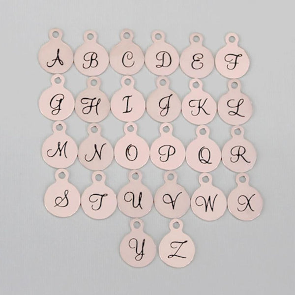 Rose Gold Stainless Steel Letter Charms - Choose Your Initial & Quantity - Uppercase Script Alphabet - 13mm With Loop - ALPHA1500BFSROGOLD-IND