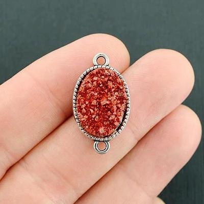 4 Druzy Connector Antique Silver Tone and Resin Cabochon Charms - Z616