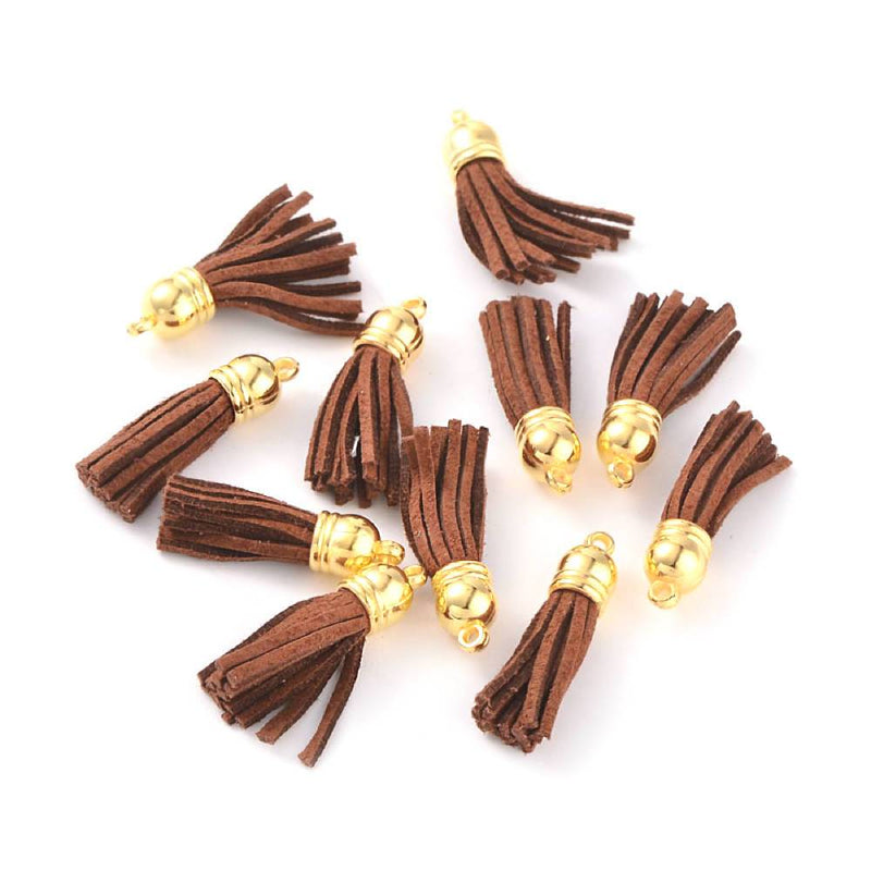 SALE Suede Tassels - Brown and Gold Tone - 4 Pieces - Z165